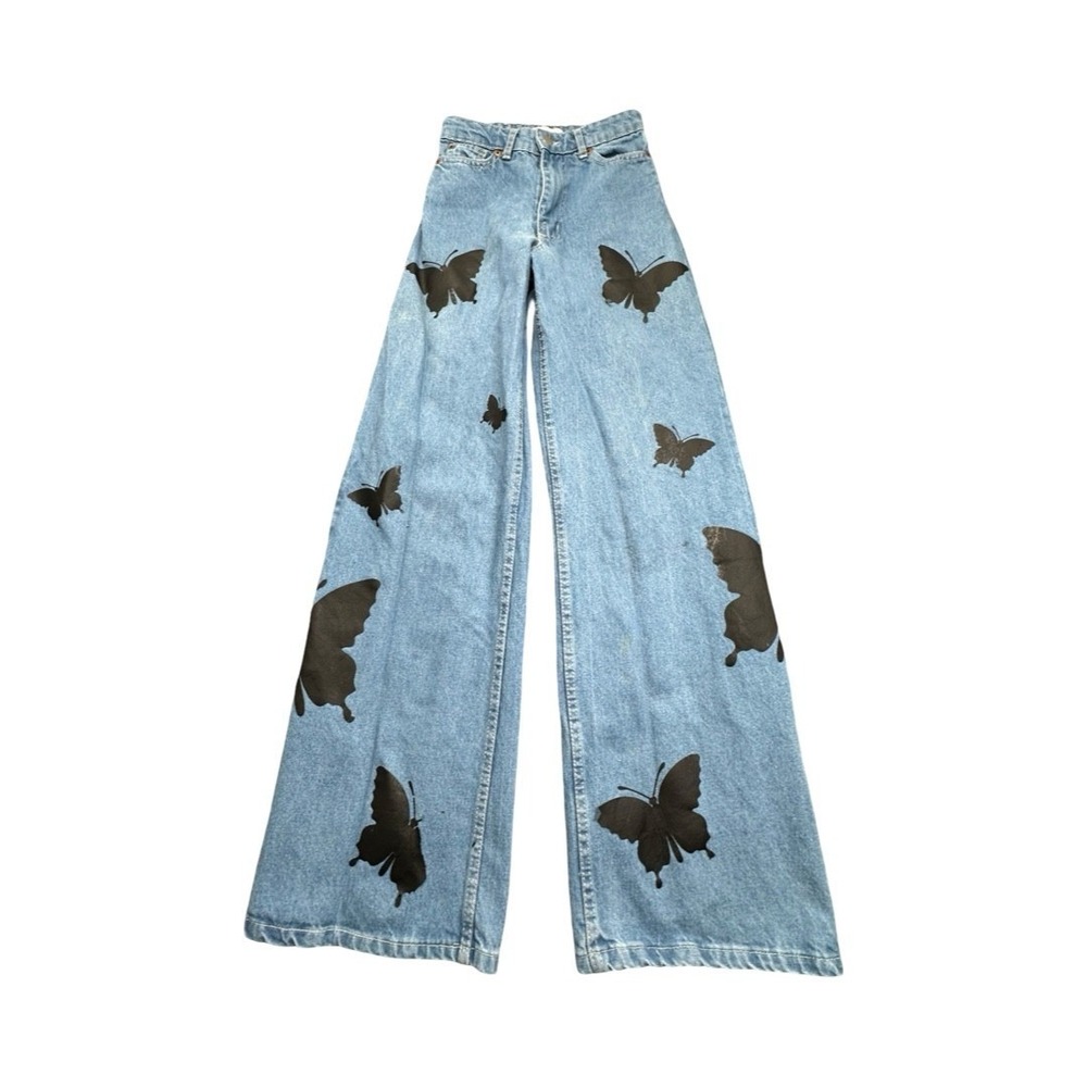 Reserved Denim Jeans Womens 26 Blue Butterfly Print Wide Leg High Rise Flare